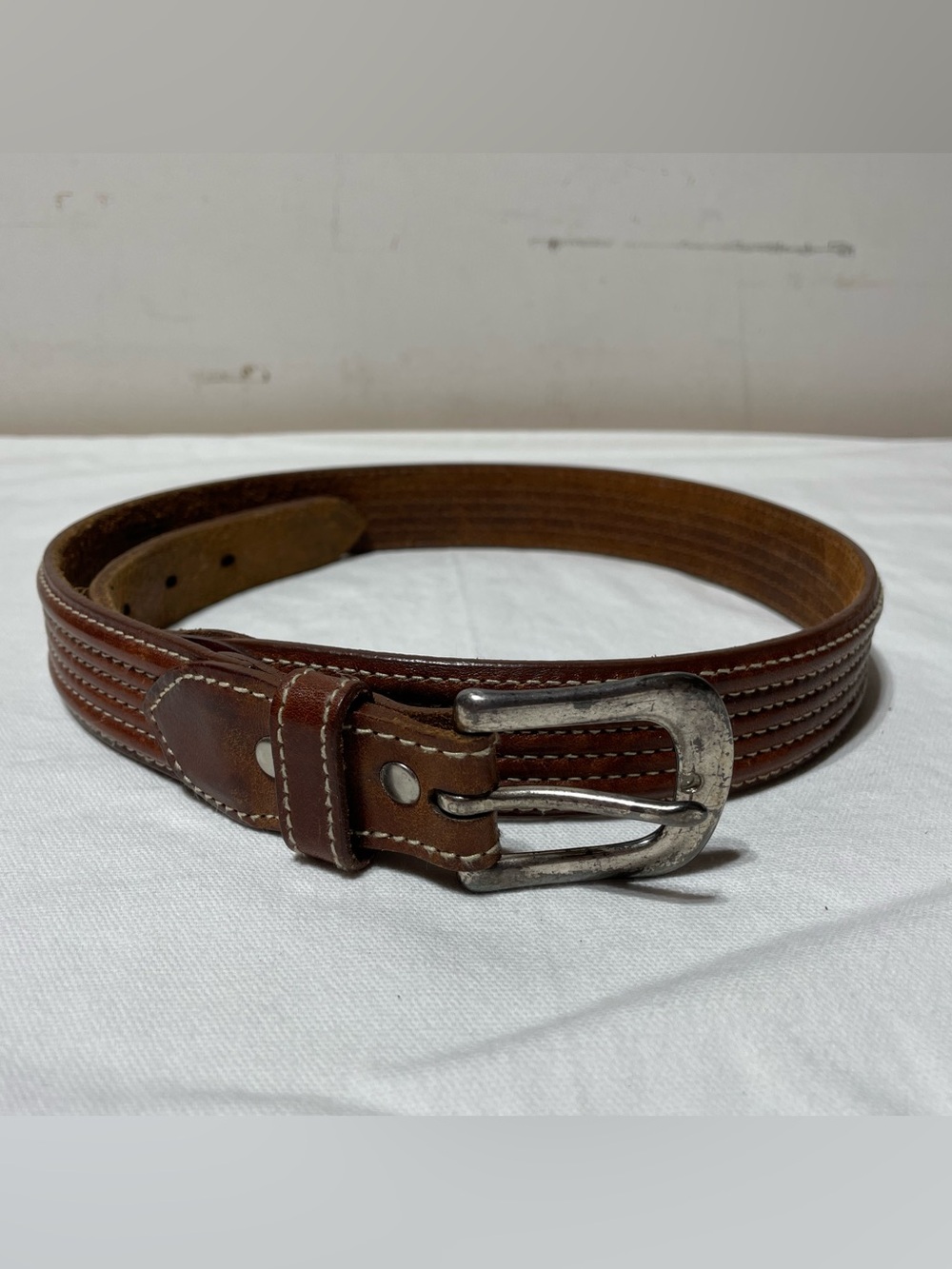 Vintage Brown Leather Belt Mens 34 Thick Stitch Western Ranchwear Americana